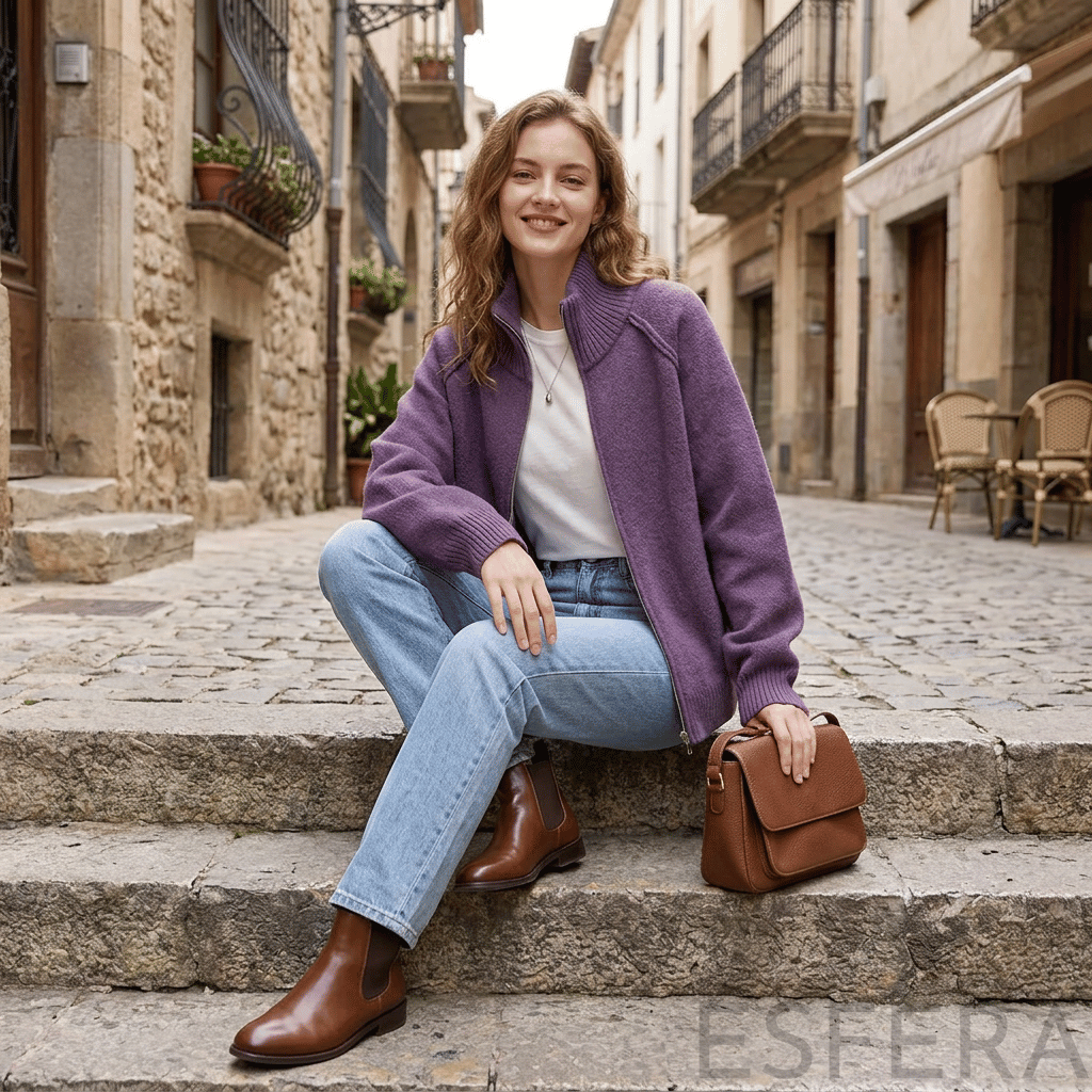 Cardigan Mulher de Tricô com Gola Alta e Zíper Lilás
