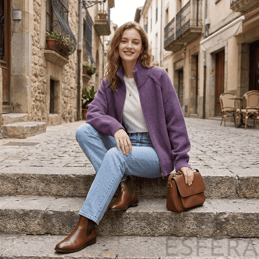 Cardigan Mulher de Tricô com Gola Alta e Zíper Lilás