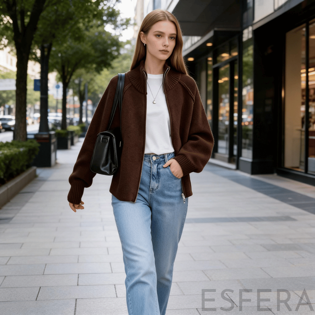 Cardigan Mulher de Tricô com Gola Alta e Zíper Marrom