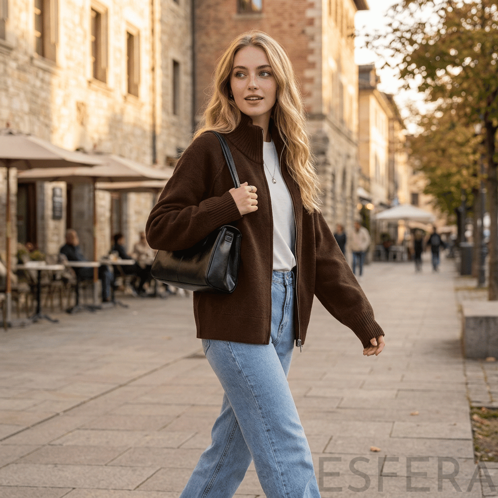 Cardigan Mulher de Tricô com Gola Alta e Zíper Marrom
