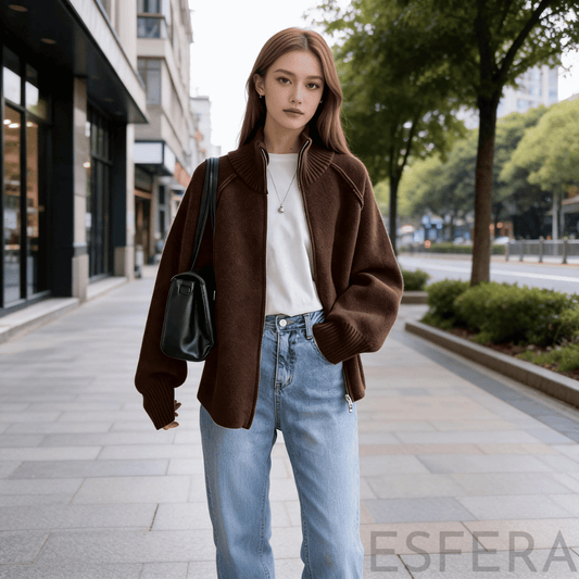 Cardigan Mulher de Tricô com Gola Alta e Zíper Marrom