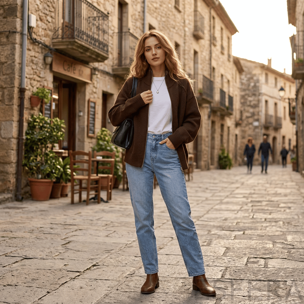 Cardigan Mulher de Tricô com Gola Alta e Zíper Marrom
