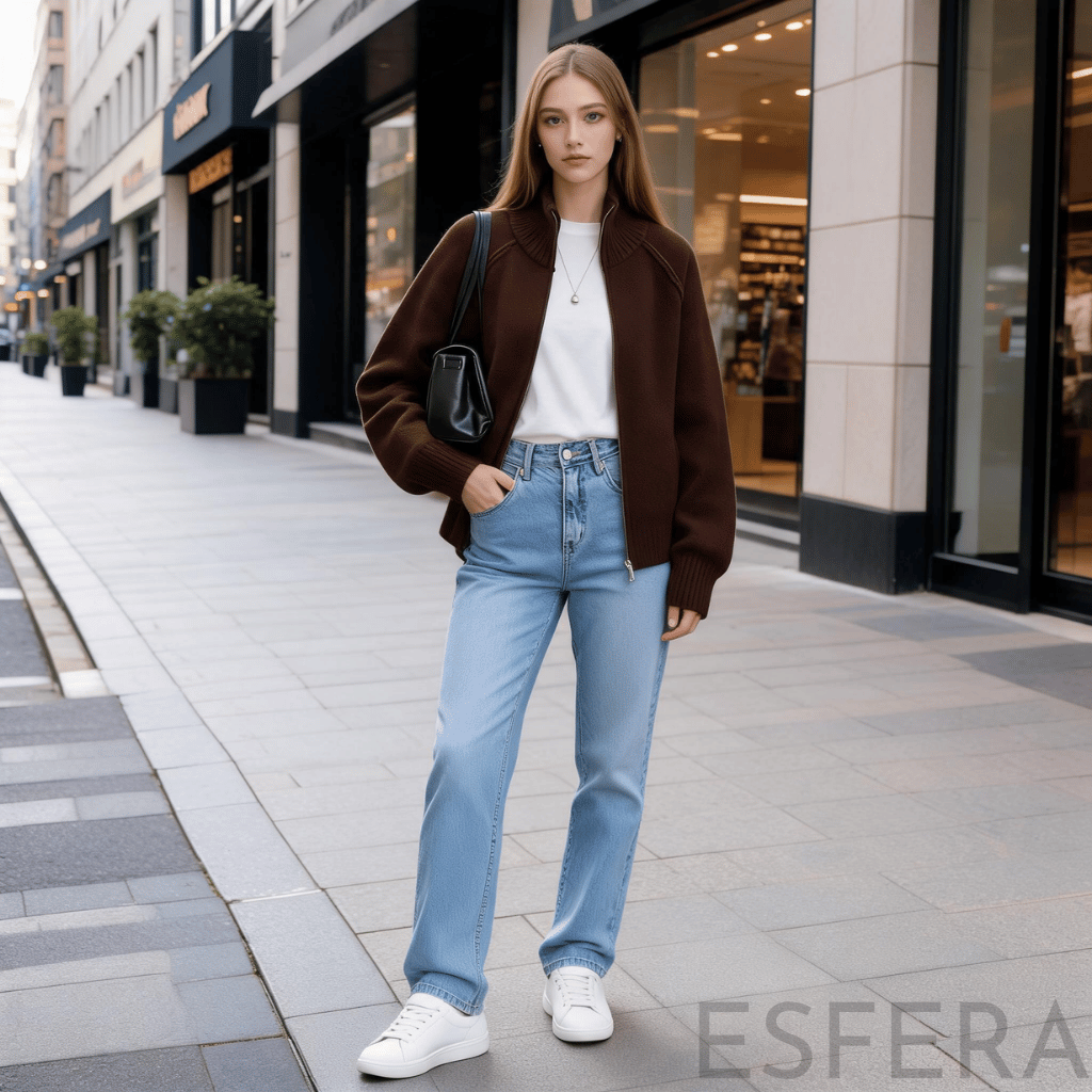 Cardigan Mulher de Tricô com Gola Alta e Zíper Marrom