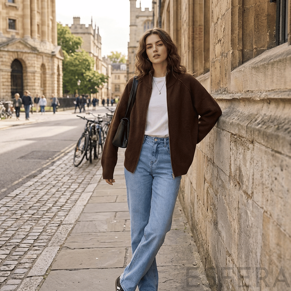 Cardigan Mulher de Tricô com Gola Alta e Zíper Marrom