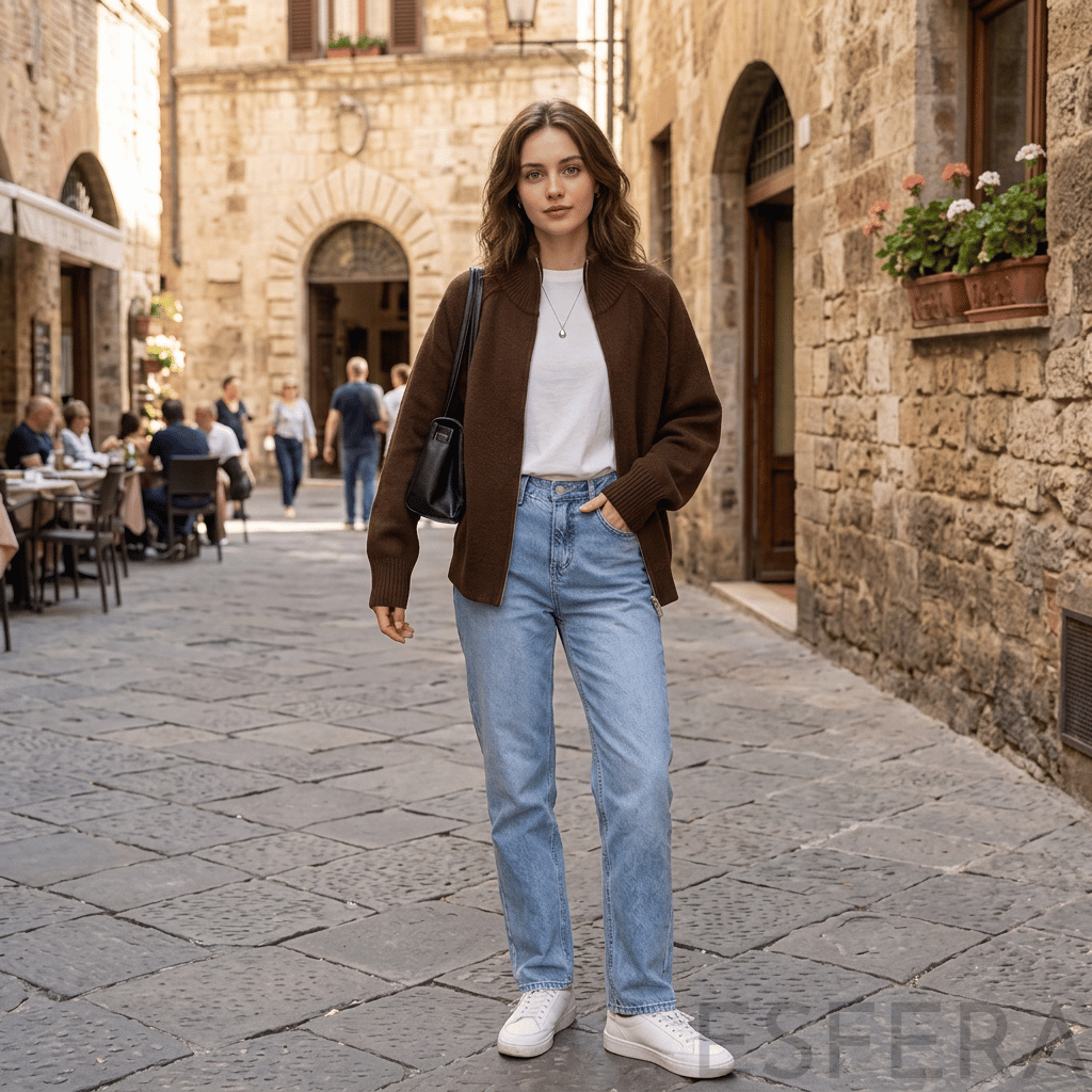 Cardigan Mulher de Tricô com Gola Alta e Zíper Marrom