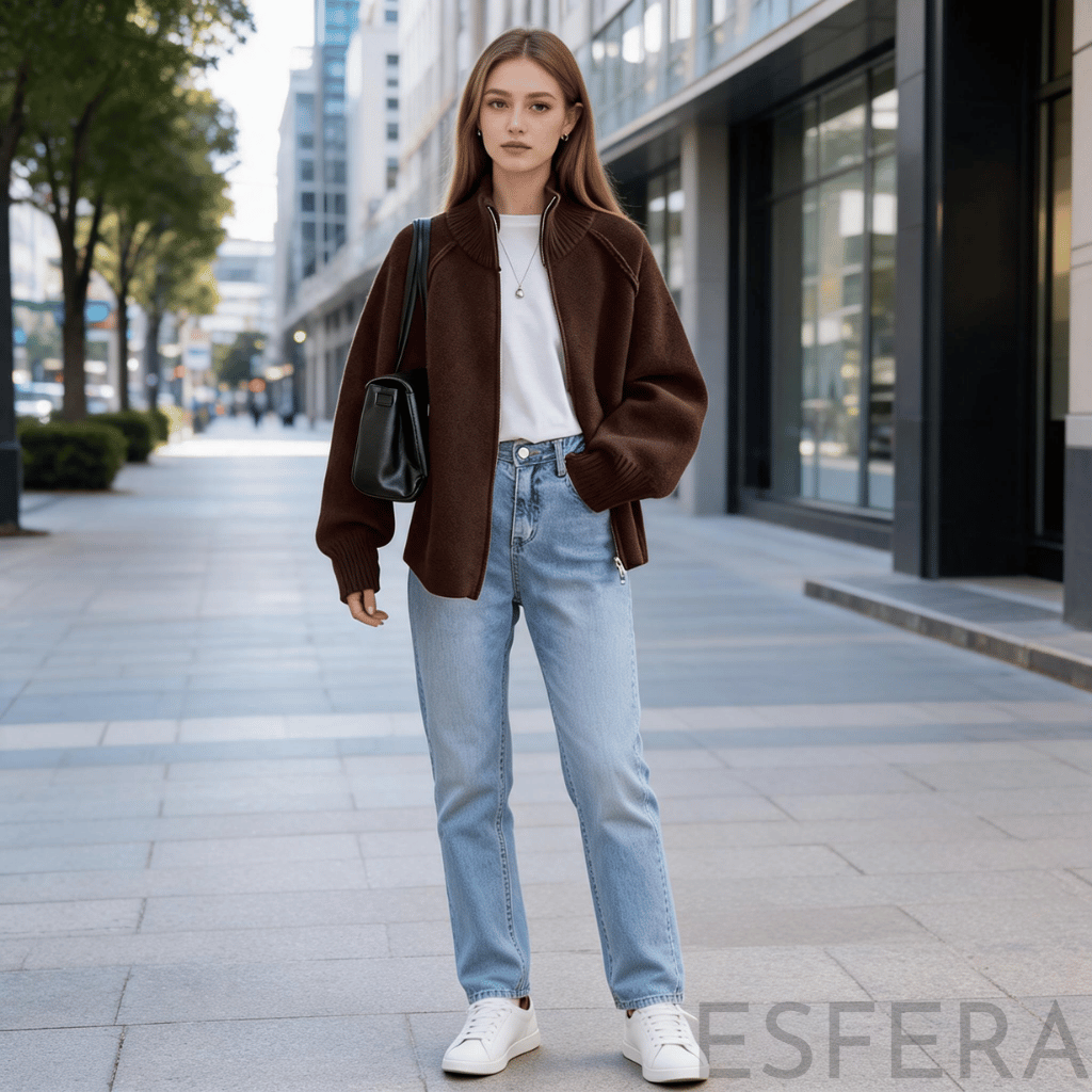 Cardigan Mulher de Tricô com Gola Alta e Zíper Marrom