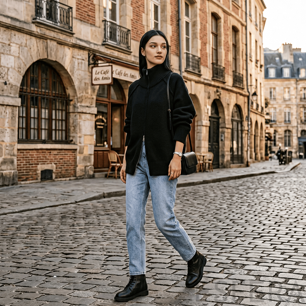Cardigan Mulher de Tricô com Gola Alta e Zíper Preto