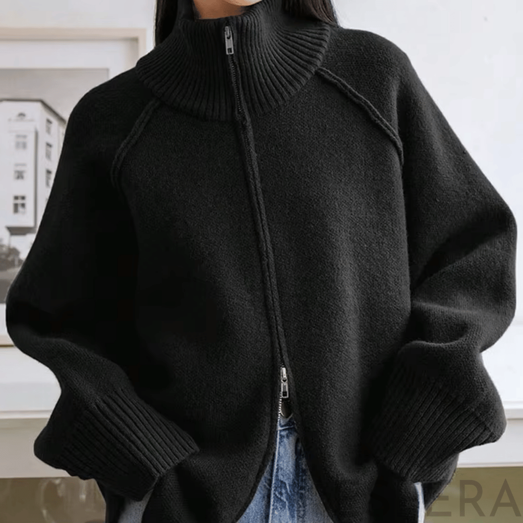 Cardigan Mulher de Tricô com Gola Alta e Zíper Preto
