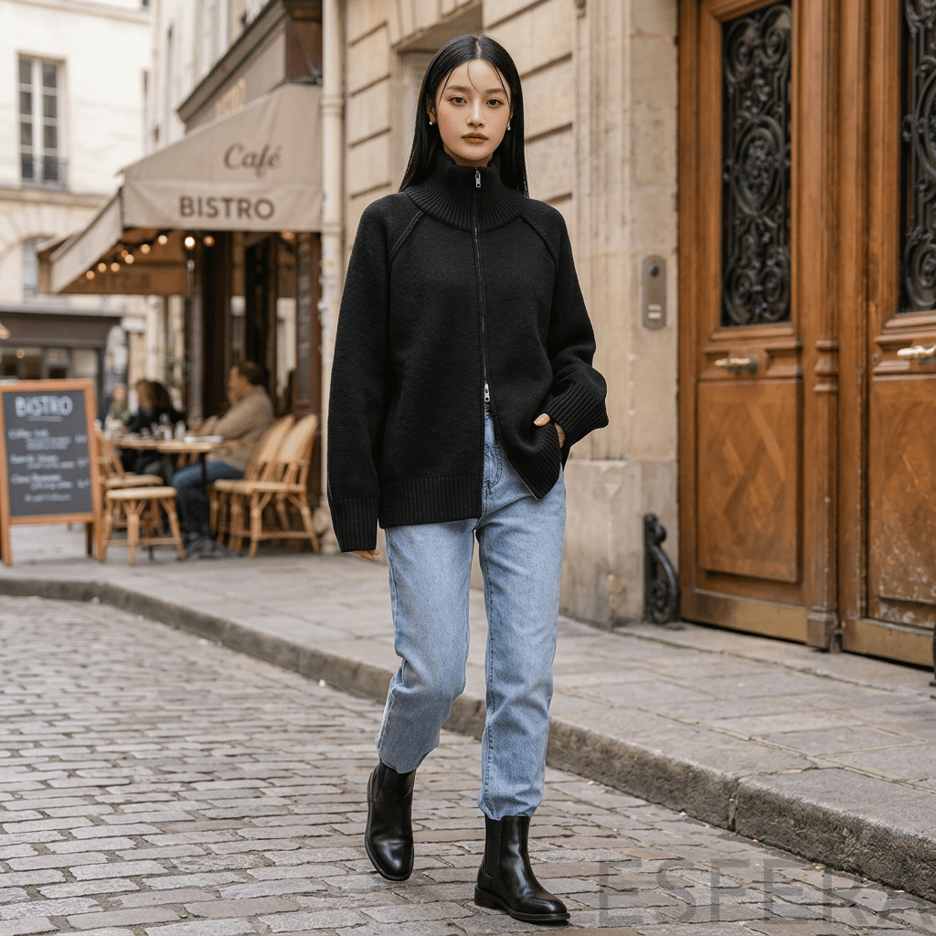 Cardigan Mulher de Tricô com Gola Alta e Zíper Preto