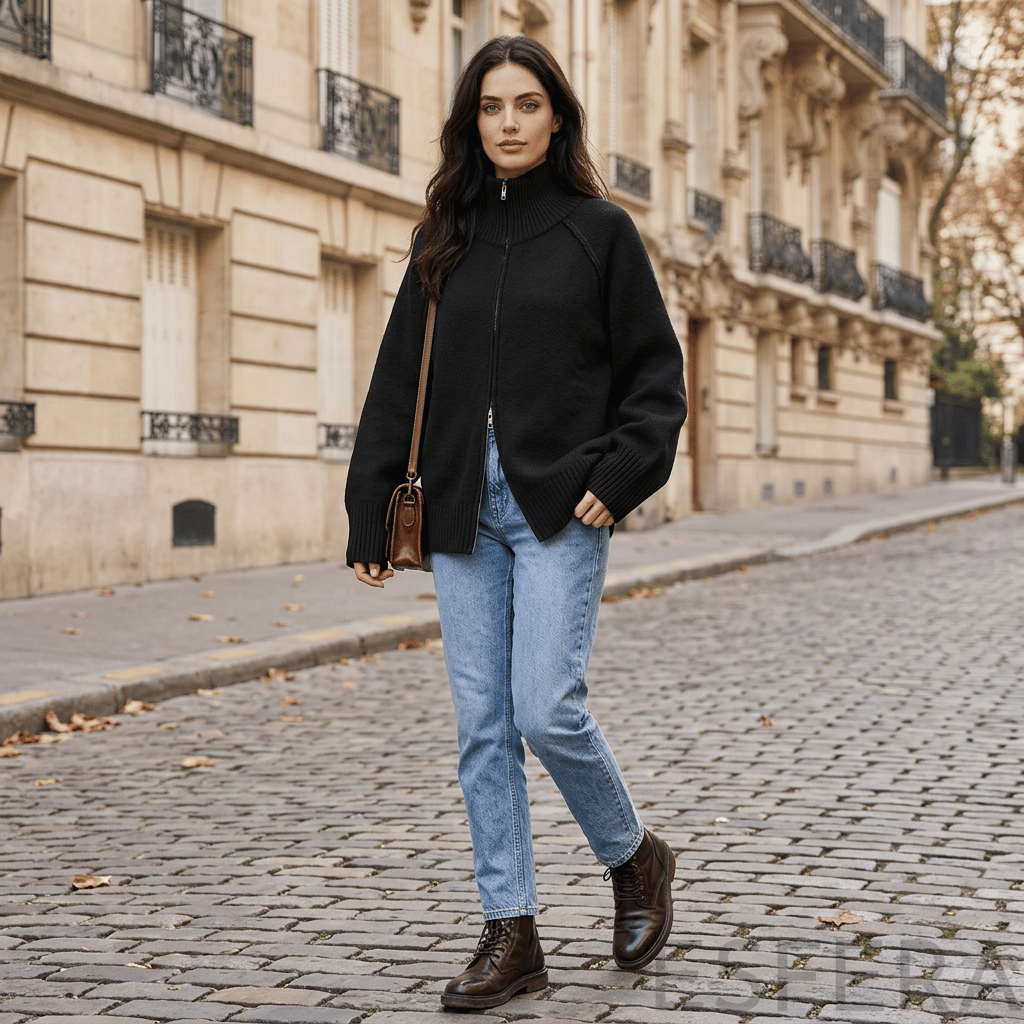 Cardigan Mulher de Tricô com Gola Alta e Zíper Preto