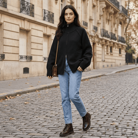 Cardigan Mulher de Tricô com Gola Alta e Zíper Preto