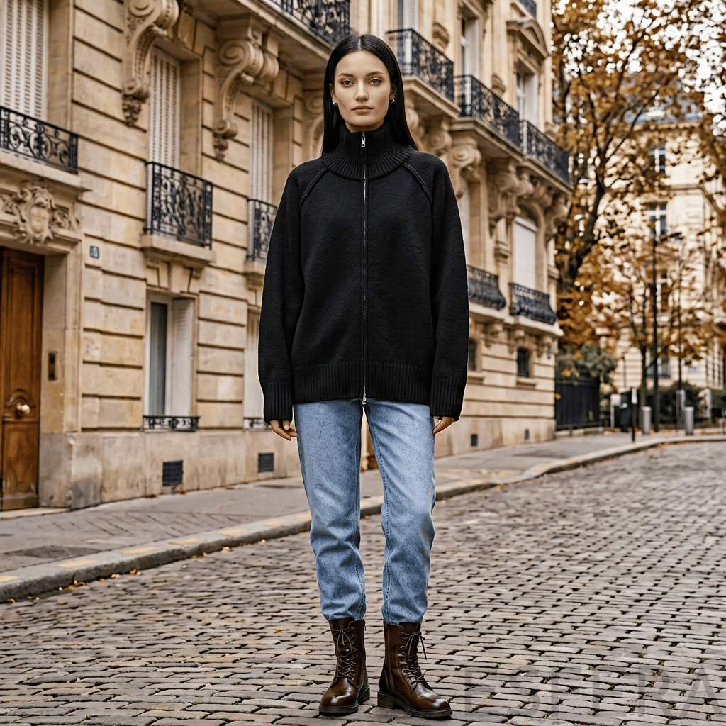 Cardigan Mulher de Tricô com Gola Alta e Zíper Preto