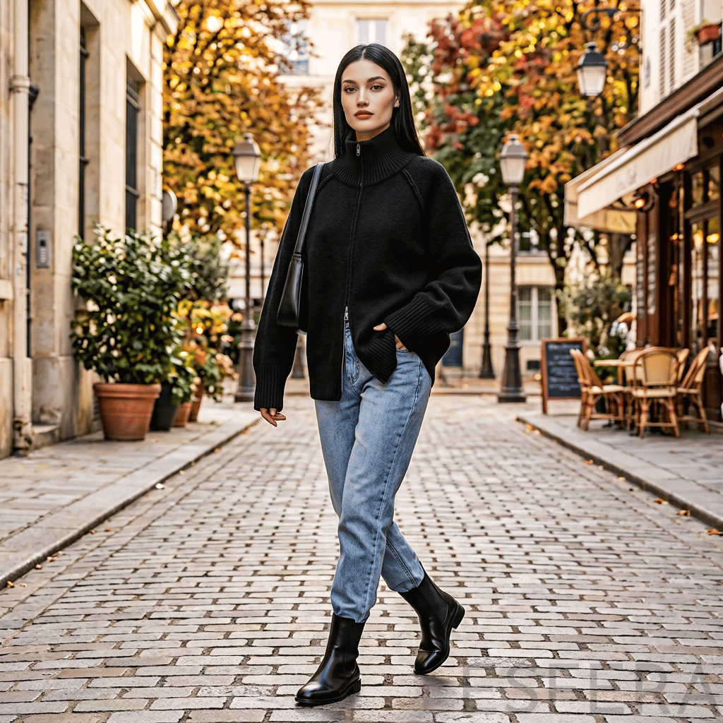 Cardigan Mulher de Tricô com Gola Alta e Zíper Preto