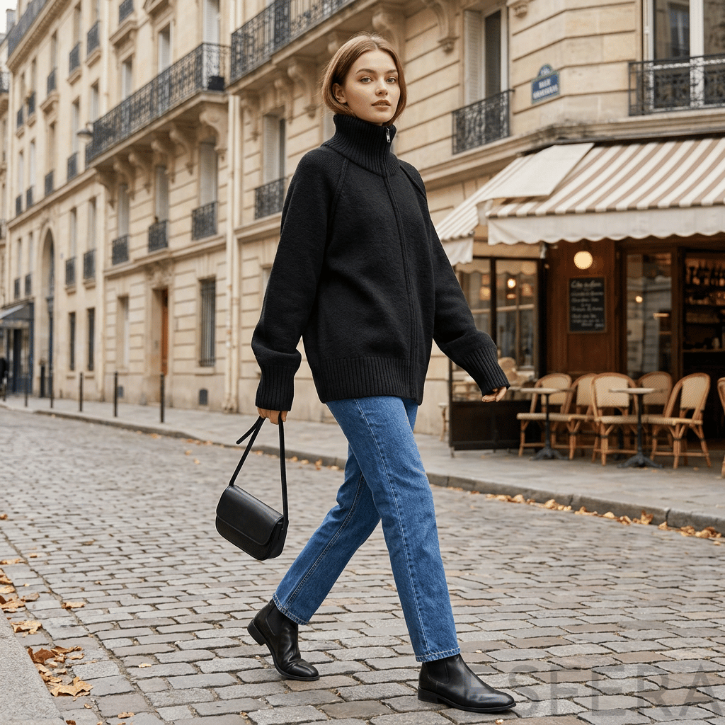 Cardigan Mulher de Tricô com Gola Alta e Zíper Preto