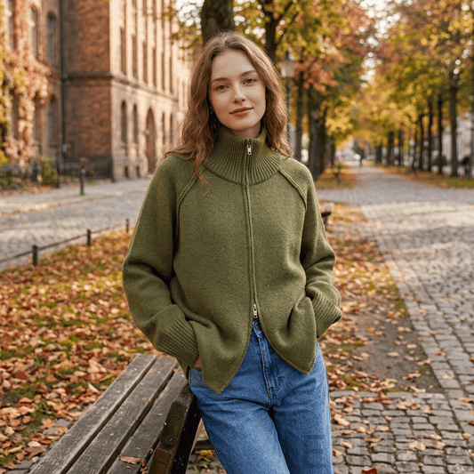 Cardigan Mulher de Tricô com Gola Alta e Zíper Verde