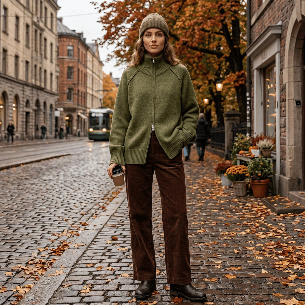 Cardigan Mulher de Tricô com Gola Alta e Zíper Verde