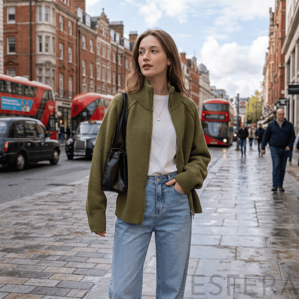 Cardigan Mulher de Tricô com Gola Alta e Zíper Verde