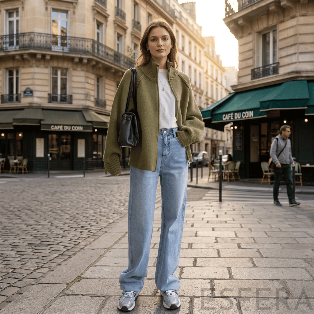 Cardigan Mulher de Tricô com Gola Alta e Zíper Verde