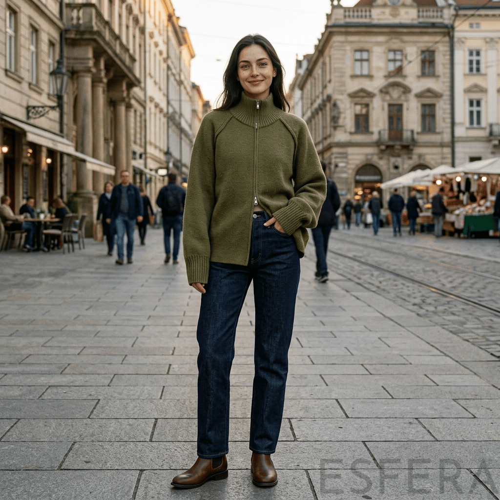 Cardigan Mulher de Tricô com Gola Alta e Zíper Verde