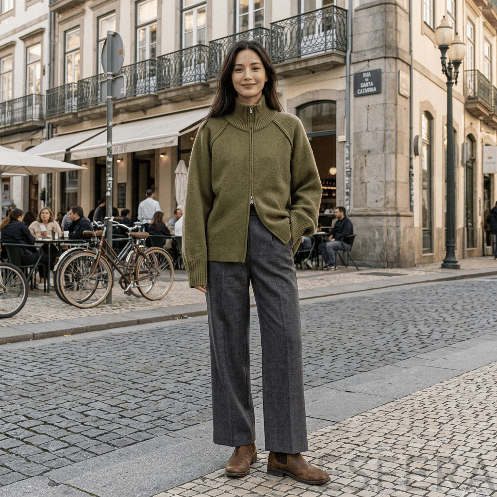 Cardigan Mulher de Tricô com Gola Alta e Zíper Verde