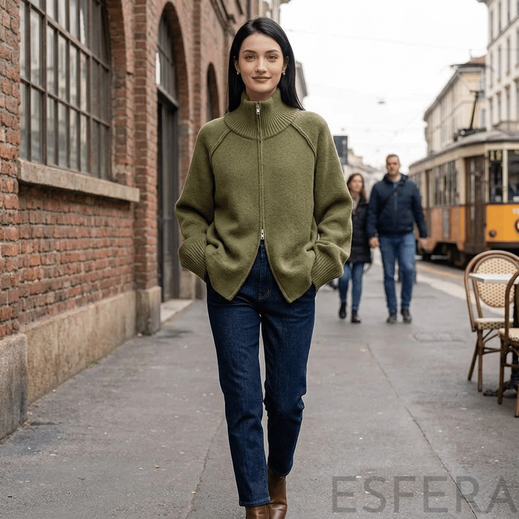 Cardigan Mulher de Tricô com Gola Alta e Zíper Verde