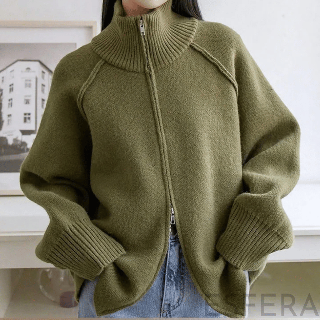 Cardigan Mulher de Tricô com Gola Alta e Zíper Verde