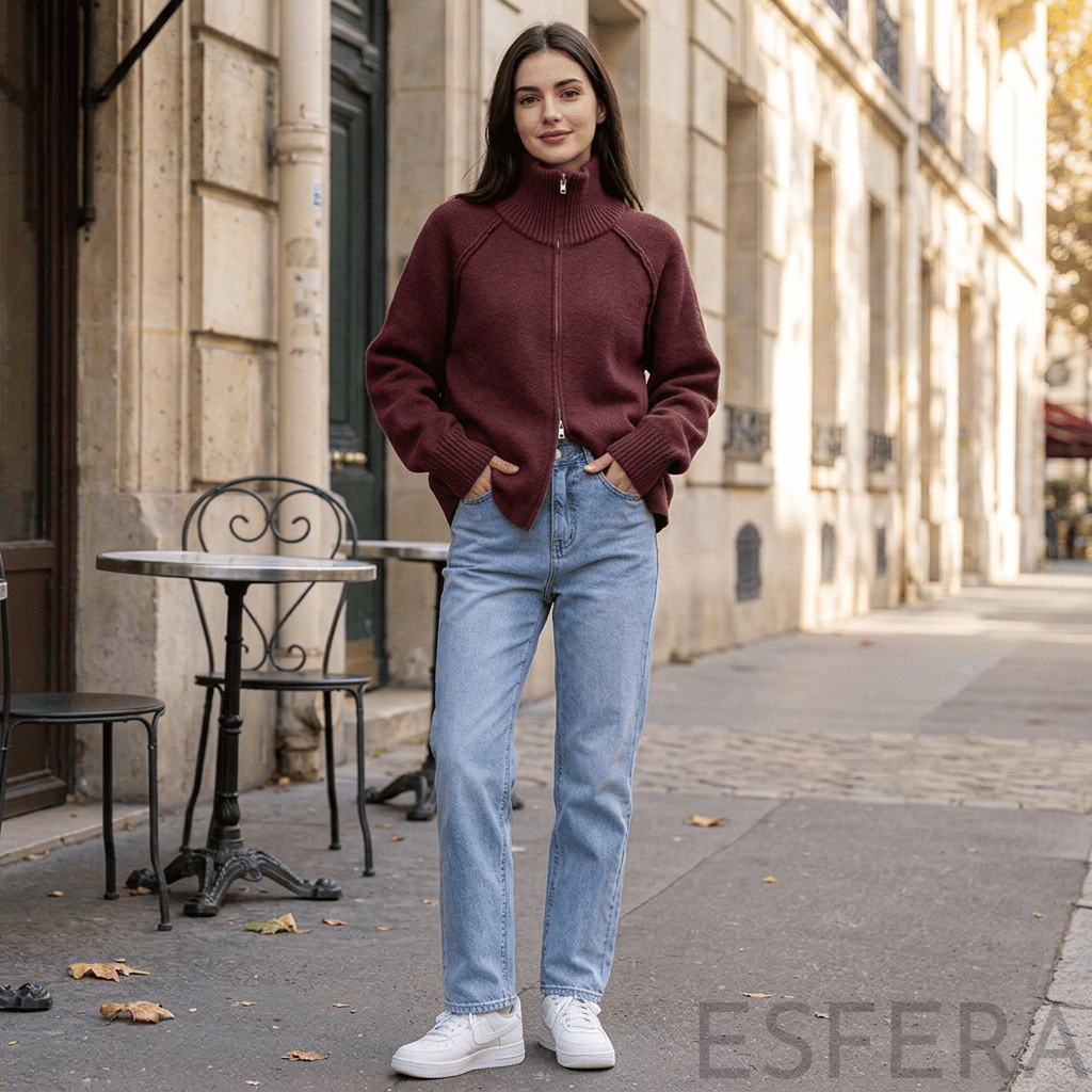 Cardigan Mulher de Tricô com Gola Alta e Zíper Vermelho