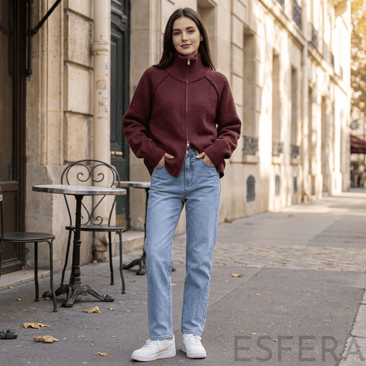 Cardigan Mulher de Tricô com Gola Alta e Zíper Vermelho