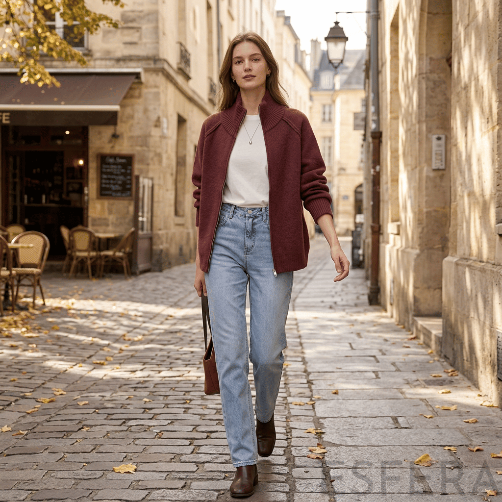 Cardigan Mulher de Tricô com Gola Alta e Zíper Vermelho