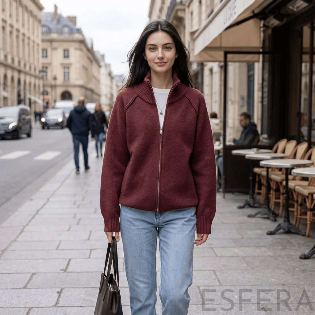 Cardigan Mulher de Tricô com Gola Alta e Zíper Vermelho