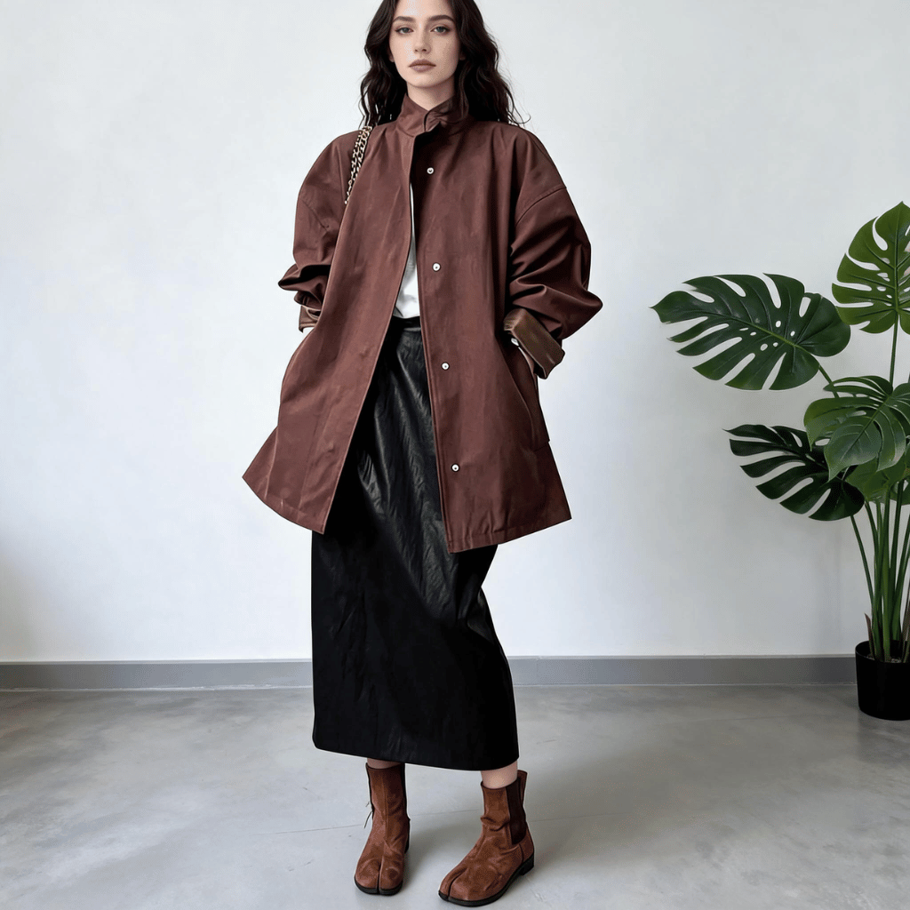 Trench Coat Mulher Oversized com Gola Alta e Lapela Castanho