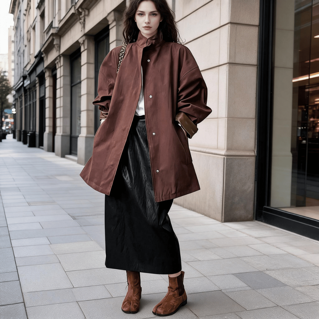 Trench Coat Mulher Oversized com Gola Alta e Lapela Castanho