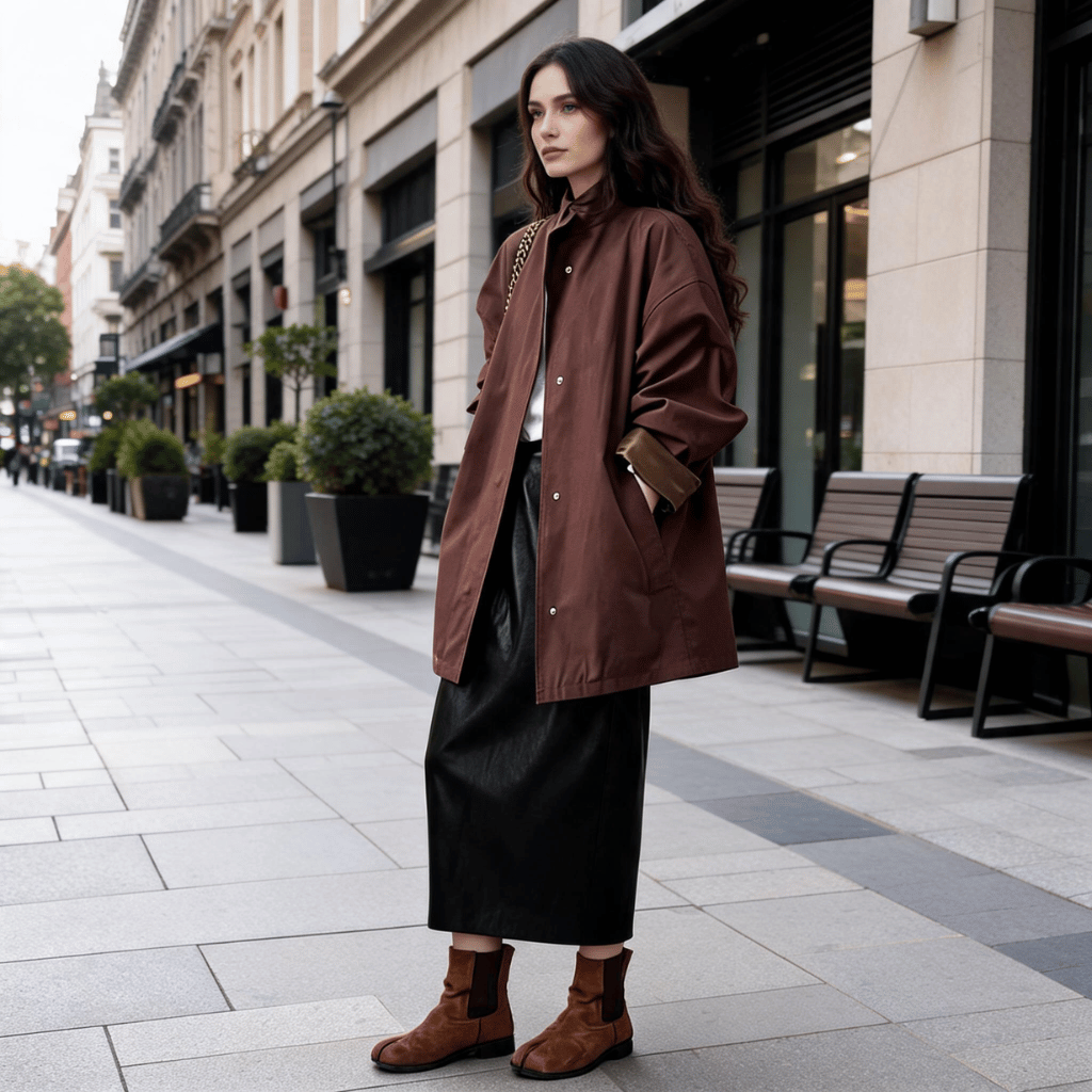 Trench Coat Mulher Oversized com Gola Alta e Lapela Castanho