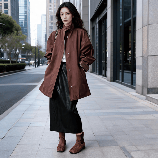 Trench Coat Mulher Oversized com Gola Alta e Lapela Castanho