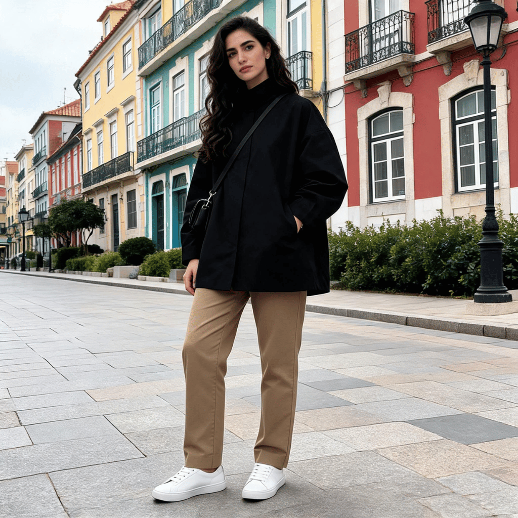 Trench Coat Mulher Oversized com Gola Alta e Lapela Preto