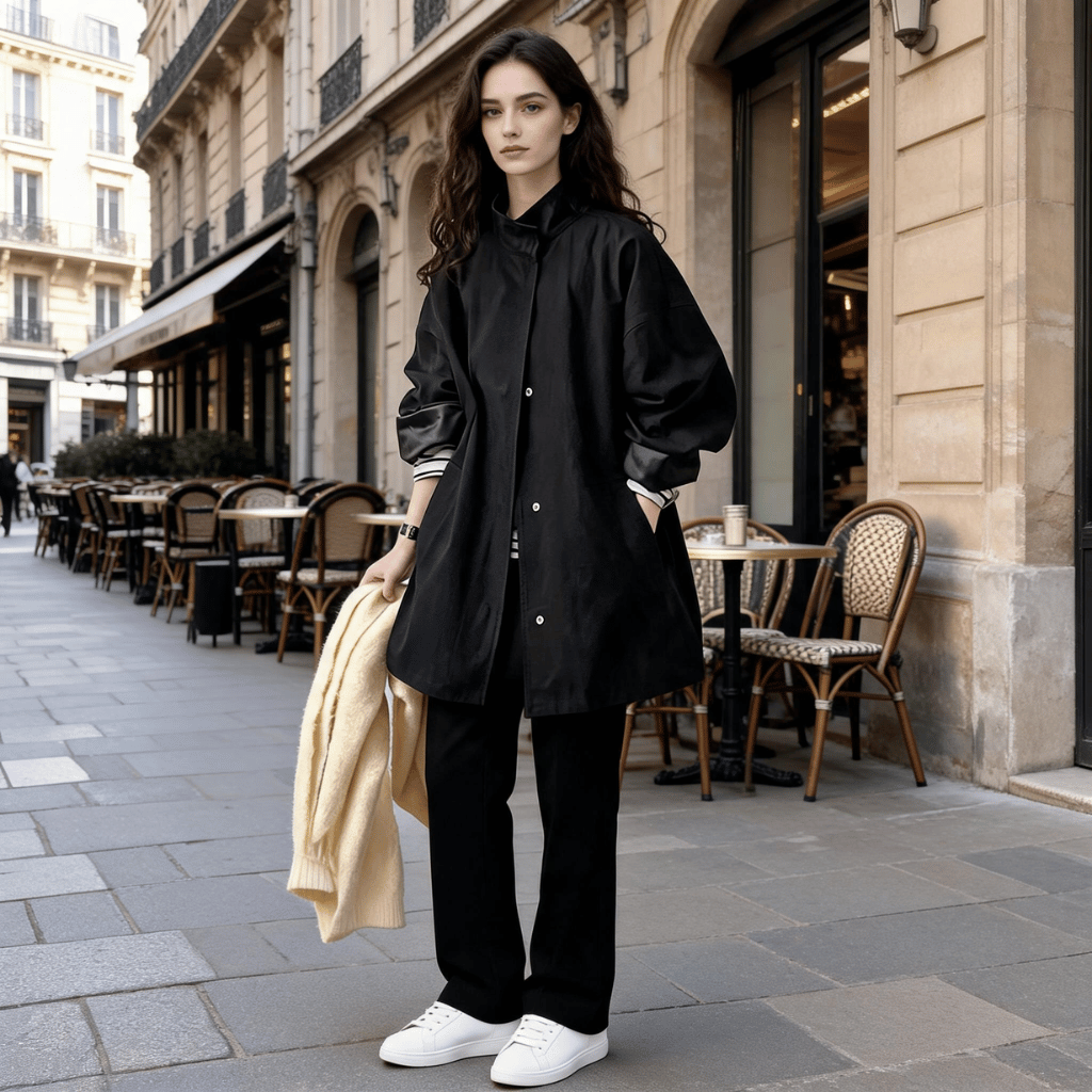 Trench Coat Mulher Oversized com Gola Alta e Lapela Preto