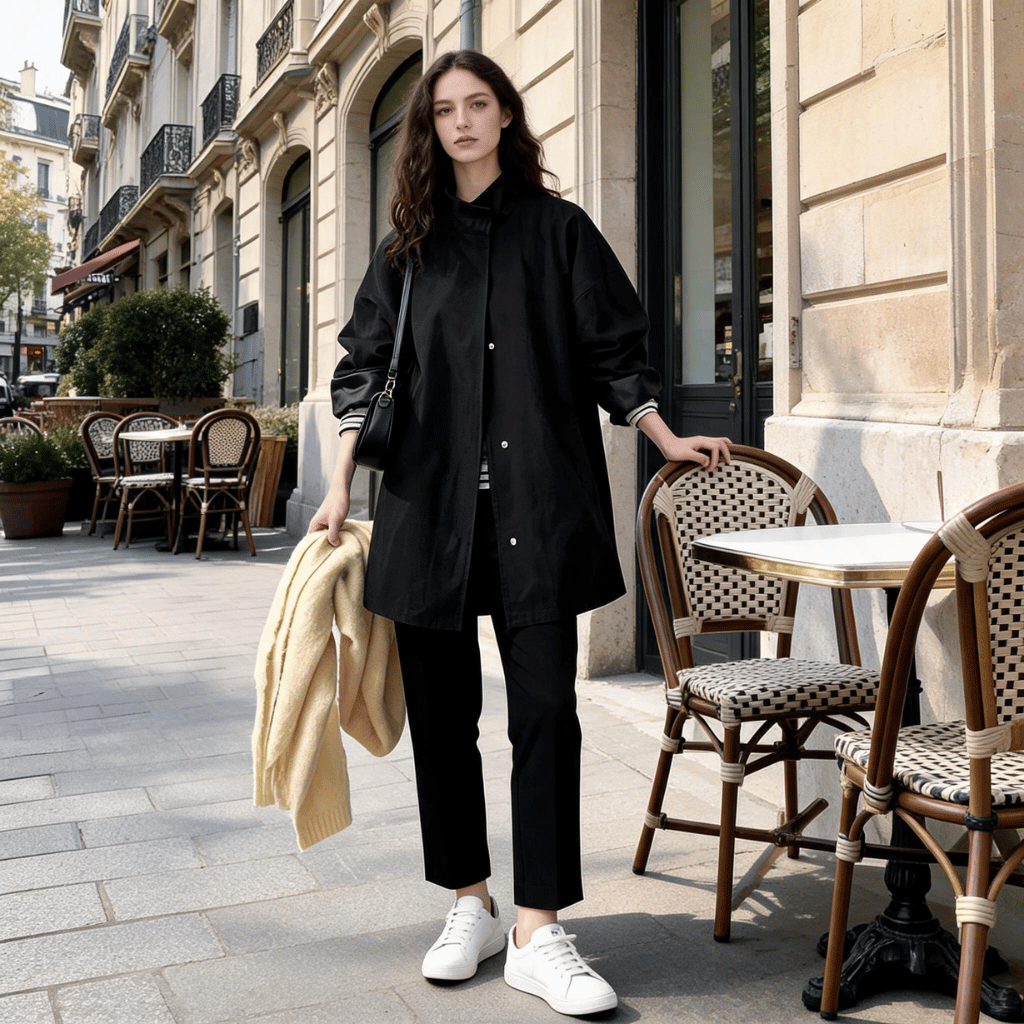 Trench Coat Mulher Oversized com Gola Alta e Lapela Preto