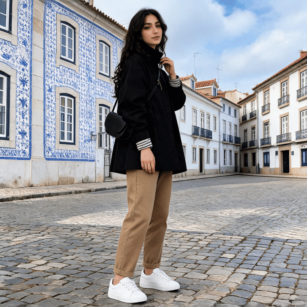 Trench Coat Mulher Oversized com Gola Alta e Lapela Preto