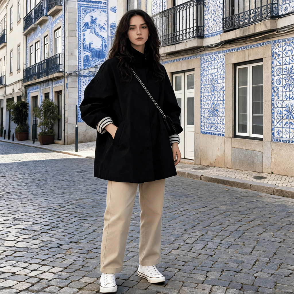 Trench Coat Mulher Oversized com Gola Alta e Lapela Preto