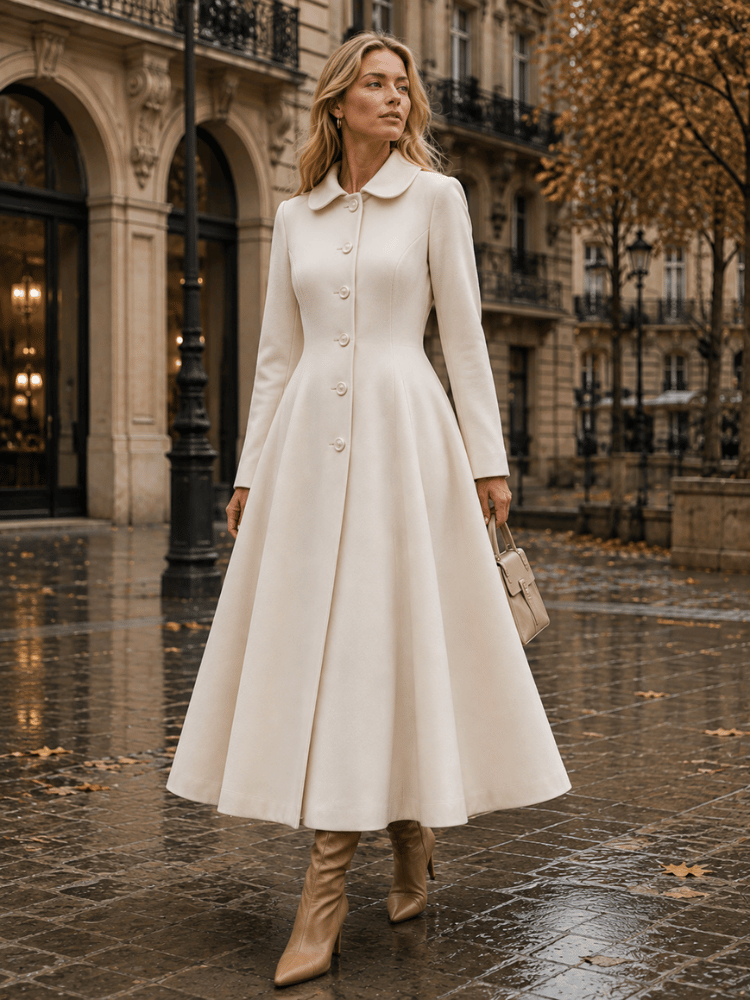Casaco Sobretudo de Lã Mulher com Corte Evasé Off-white