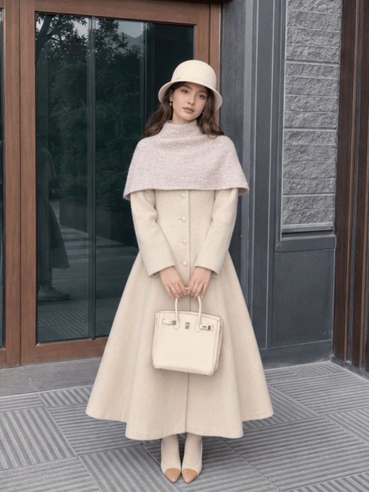 Casaco Sobretudo de Lã Mulher com Corte Evasé Off-white