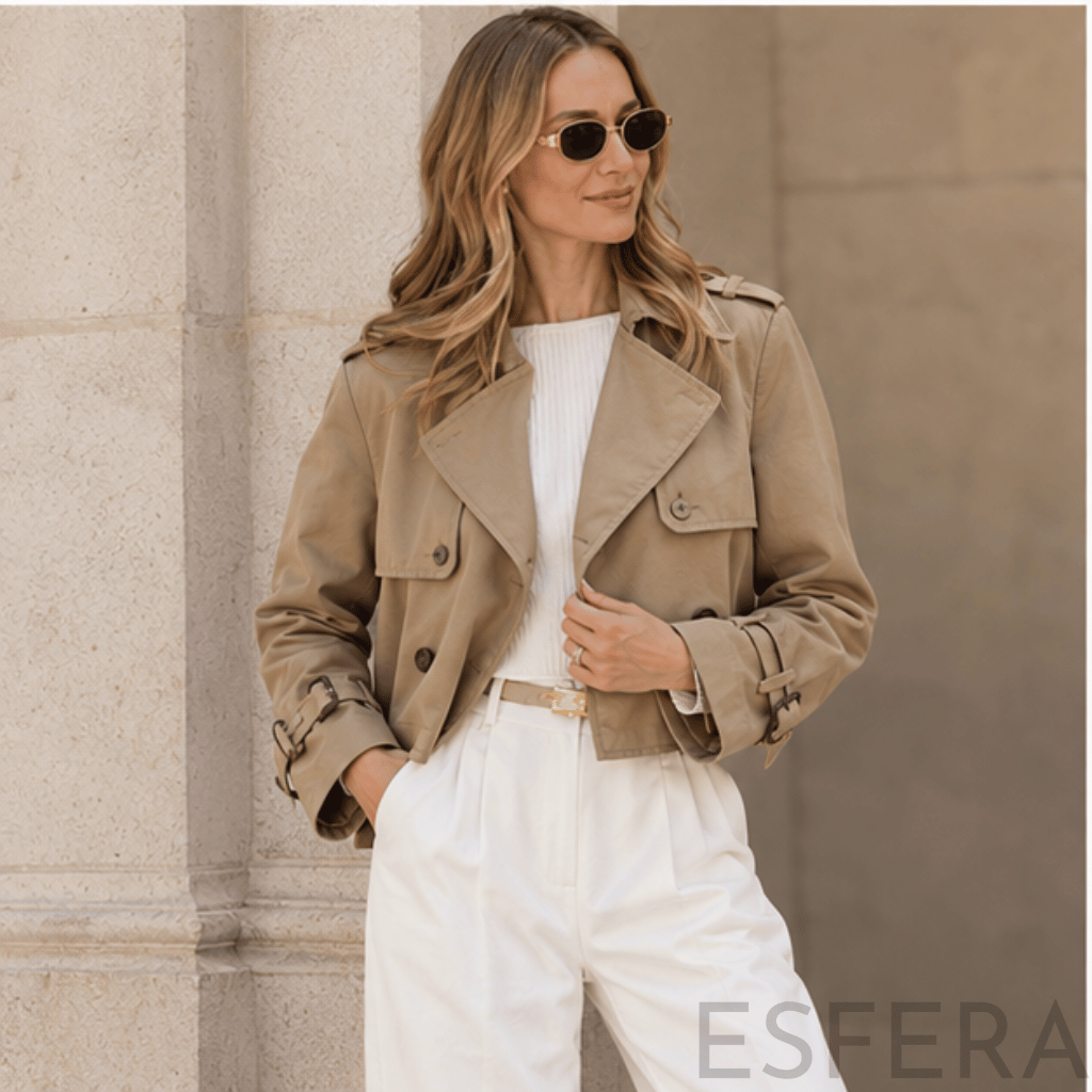 Casaco Trench Mulher Curto Trespassado Caqui