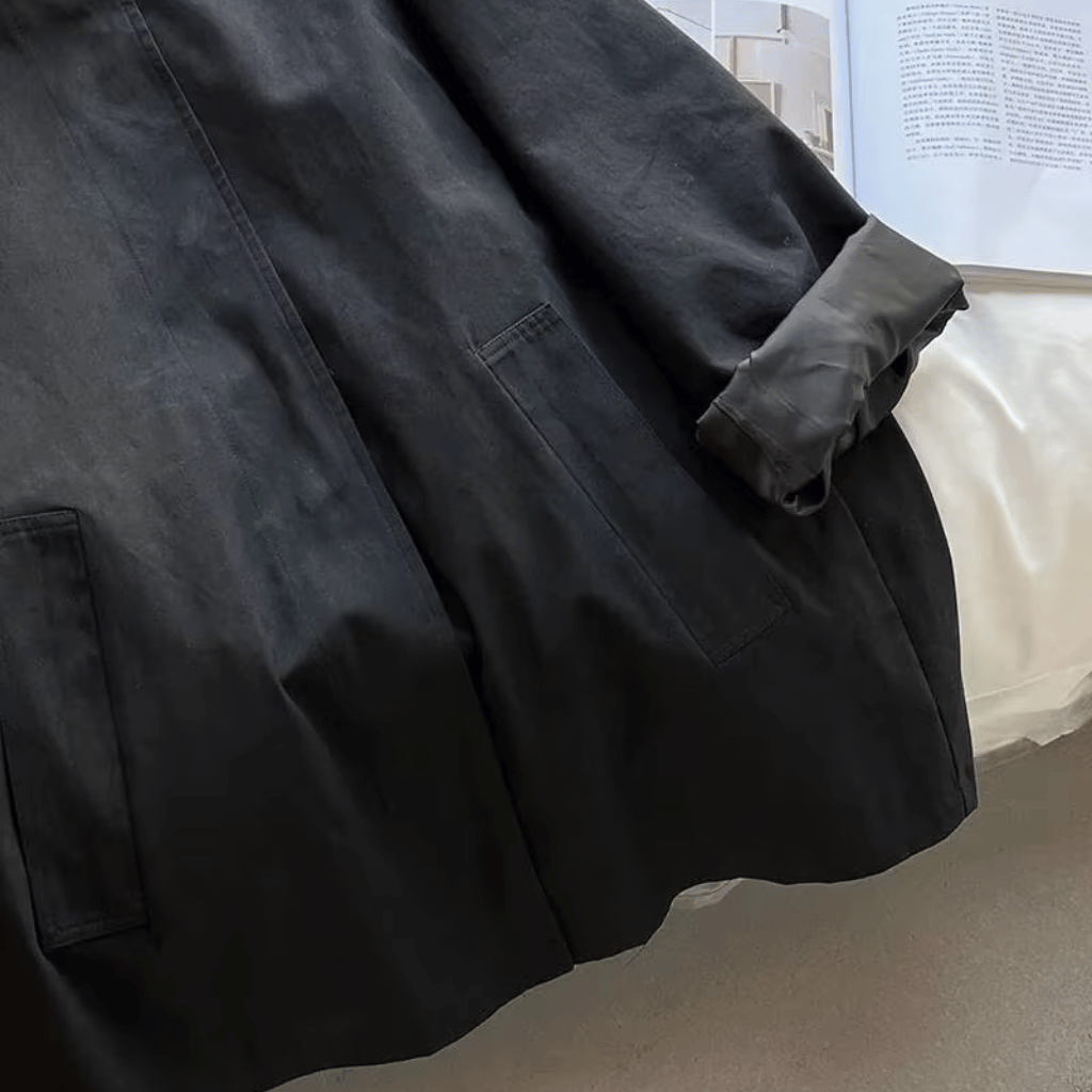Trench Coat Mulher Oversized com Gola Alta e Lapela Preto