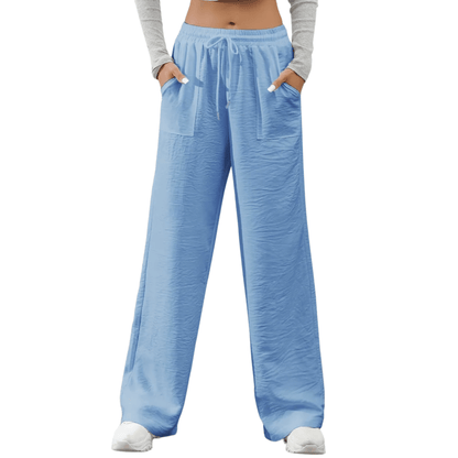 Faustine | Pantalones rectos casuales de sarga para mujer con cintura elástica y bolsillos azules