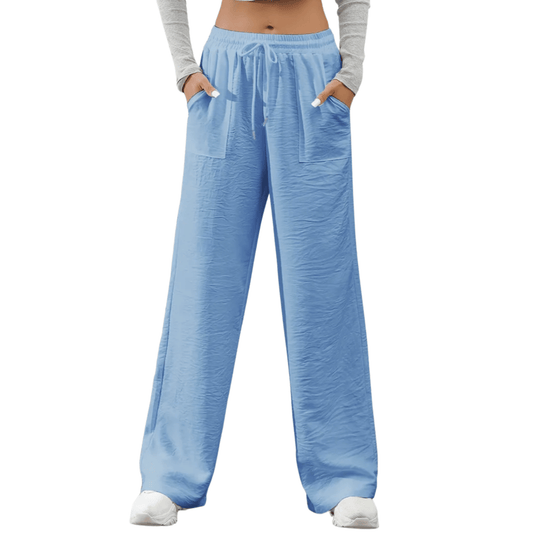 Faustine | Women's Casual Straight Twill Trousers with Elastic Waist and Pockets Blue