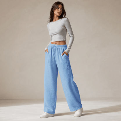 Faustine | Pantalones rectos casuales de sarga para mujer con cintura elástica y bolsillos azules