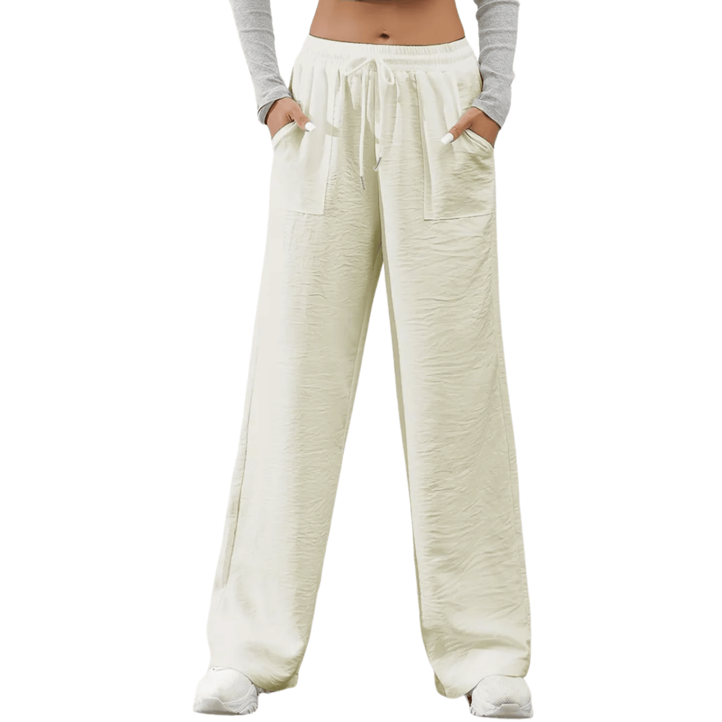 Faustine | Calça Feminina Reta Casual em Sarja com Cintura Elástica e Bolsos Bege