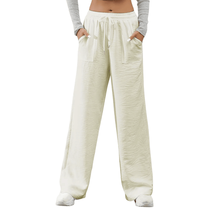 Faustine | Calça Feminina Reta Casual em Sarja com Cintura Elástica e Bolsos Bege