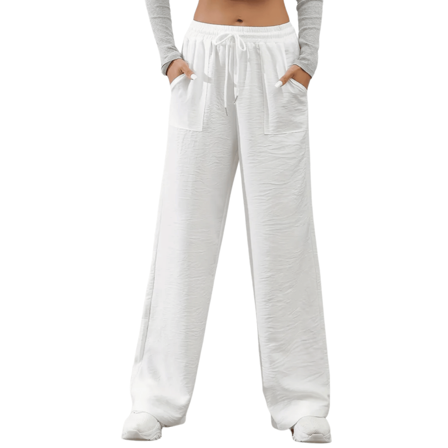 Faustine | Calça Feminina Reta Casual em Sarja com Cintura Elástica e Bolsos Branco