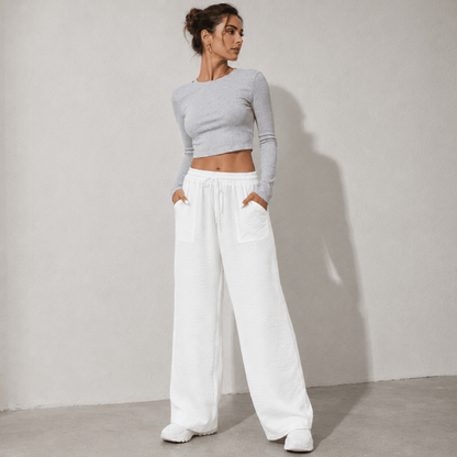Faustine | Calça Feminina Reta Casual em Sarja com Cintura Elástica e Bolsos Branco